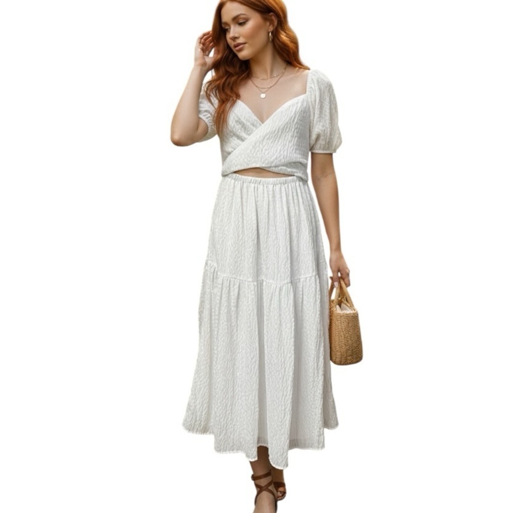Forever 21 Small White Textured Cottagecore Puff Sleeve Dress